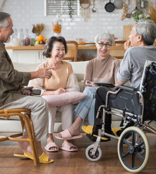 Group Asian seniors friends enjoying talking together.